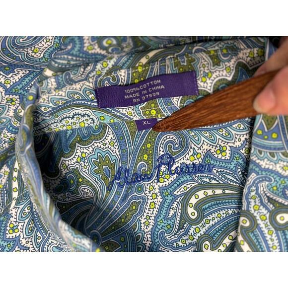 Alan Flusser Blue Green Paisley Button Up Shirt XL Casual Party Preppy Colorful - Picture 4 of 5